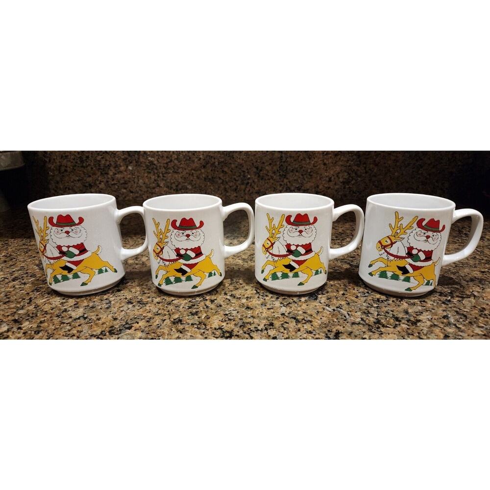 Vintage Santa Reindeer Cowboy Mugs Japan Set Of 4 Christmas Holiday